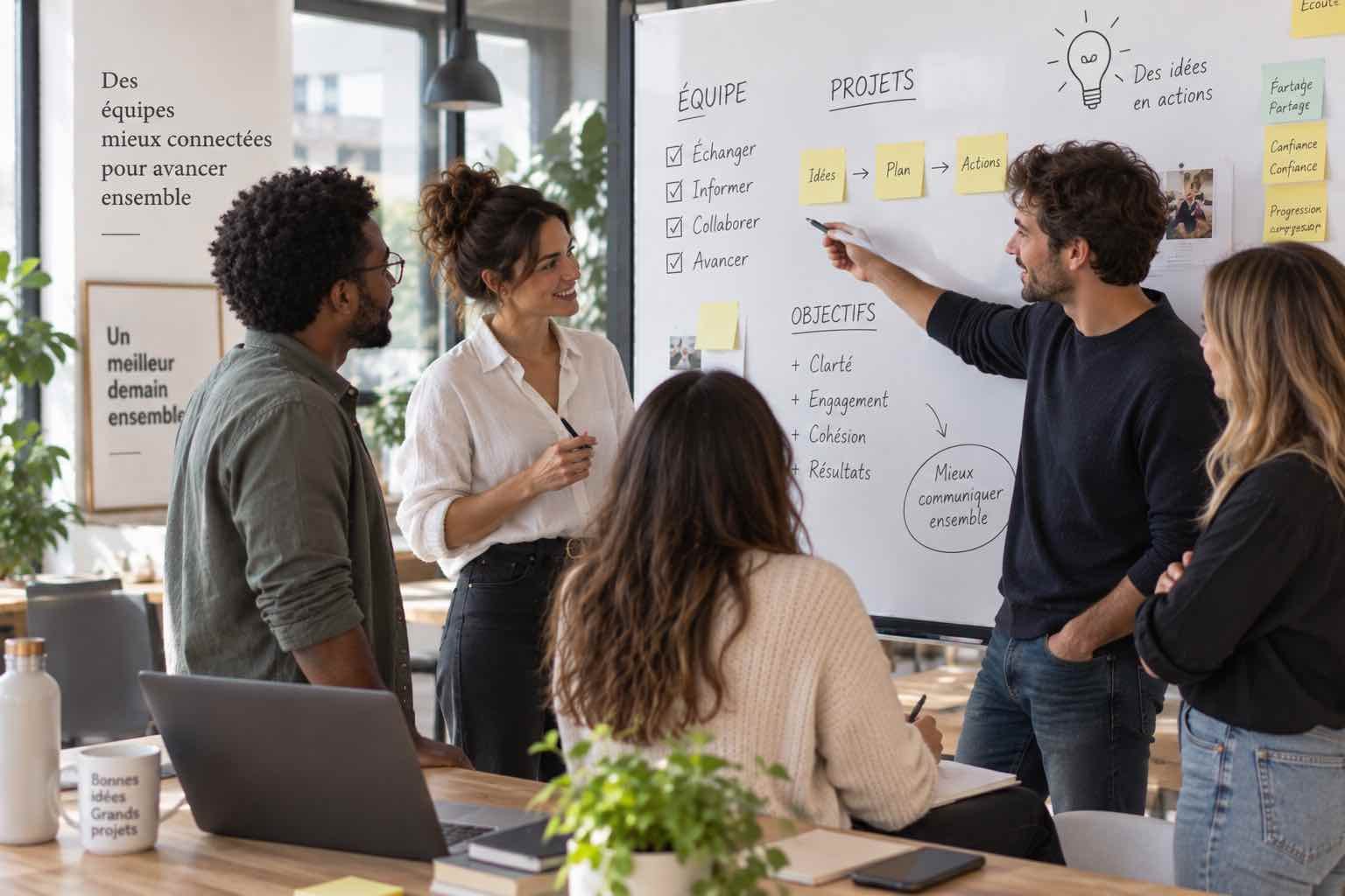Équipe échangeant des informations dans une entreprise