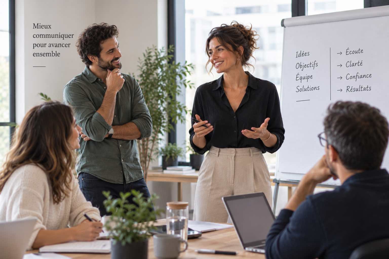Équipe échangeant dans un environnement professionnel